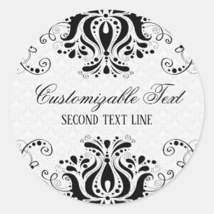 Elegante Zwarte Bloemrijke Kant & Witte Damasten Ronde Sticker