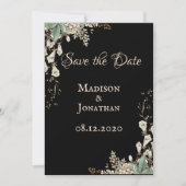 Elegante Zwarte Bloemrijke Script Bruiloft Save The Date (Voorkant)