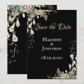 Elegante Zwarte Bloemrijke Script Bruiloft Save The Date (Voorkant / Achterkant)