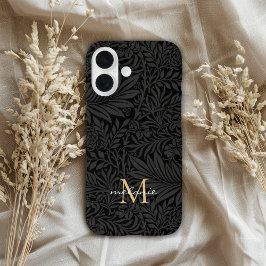 Elegante Zwarte Bloemrijke Script Monogram iPhone 16 Hoesje