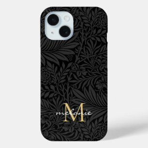 Elegante Zwarte Bloemrijke Script Monogram iPhone 15 Case