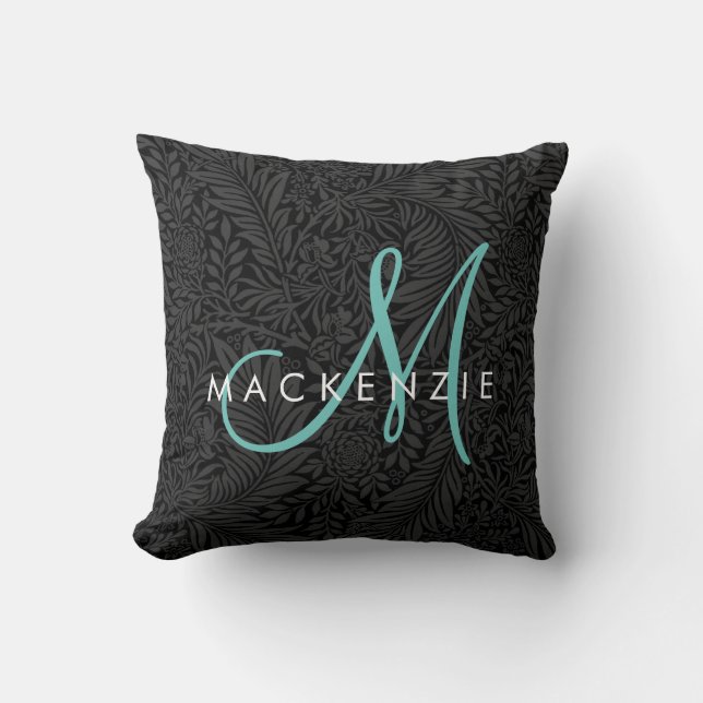 Elegante Zwarte Bloemrijke Teal Script Monogram Kussen (Voorkant)