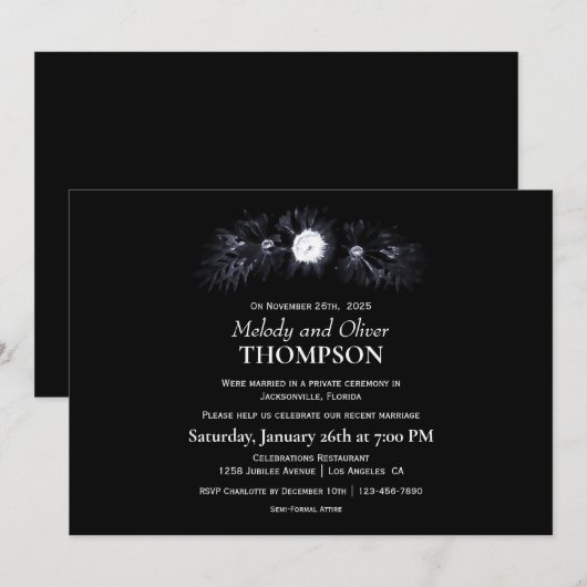 Elegante Zwarte Bloemrijke Trouwfeest Uitnodiging (Voorkant / Achterkant)