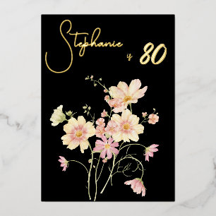 Elegante Zwarte Blush Bloem 80ste Verjaardag Roze Folie Uitnodiging