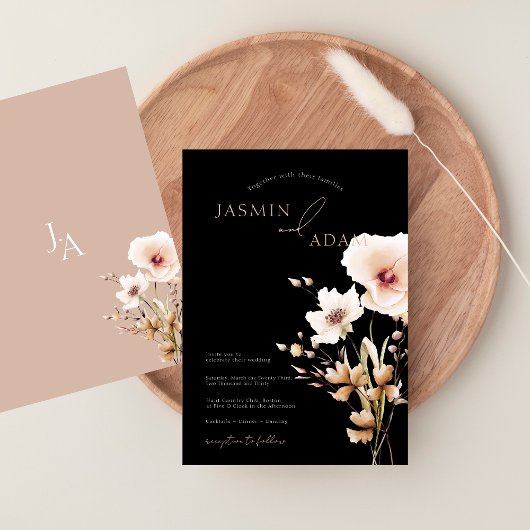 Elegante Zwarte Blush Wilde Bloem Bruiloft Kaart