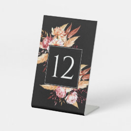 Elegante Zwarte Boho Bloemen Trouwtafel Nummer Reclamebord Met Voetstuk