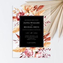 Elegante zwarte Boho Chic Bloemen Huwelijk Acryl Uitnodigingen