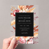 Elegante zwarte Boho Chic Bloemen Huwelijk Acryl Uitnodigingen (Insitu (Draagbaar))