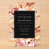 Elegante zwarte Boho Chic Bloemen Huwelijk Acryl Uitnodigingen (Voorkant)