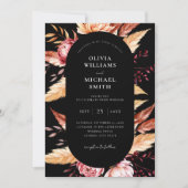 Elegante zwarte Boho Chic Bloemen Huwelijk Kaart (Voorkant)