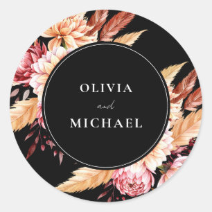 Elegante zwarte Boho Chic Bloemen Huwelijk Ronde Sticker
