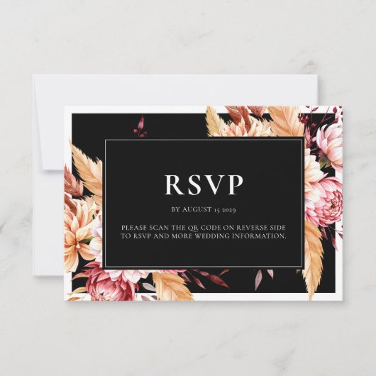 Elegante zwarte Boho Chic Bloemen Huwelijk RSVP Kaartje (Voorkant)