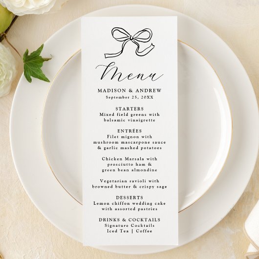 Elegante zwarte boog bruiloft menu