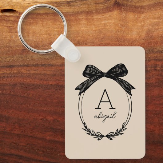 Elegante zwarte boog Chic Coquette Beige Monogram Sleutelhanger (Voorkant)