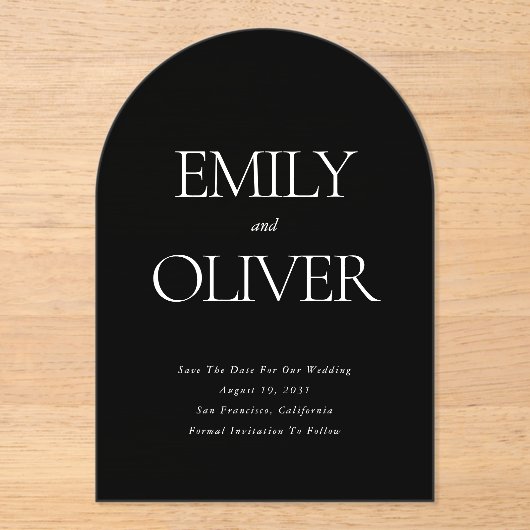 Elegante Zwarte Boogvormige Trouw  Acryl Uitnodigingen (Voorkant)