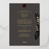 Elegante zwarte bordeaux en gouden bloemenboho folie uitnodiging (Achterkant)