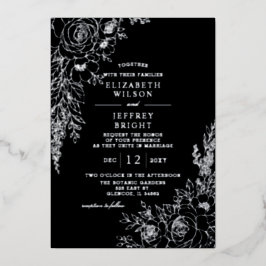 Elegante Zwarte Botanische Bloemige Bruiloft Folie Uitnodiging