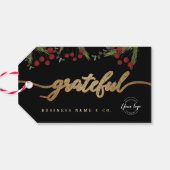 Elegante zwarte botanische 'Dankbaar' kerst aangep Cadeaulabel (Achterkant Horizontaal)