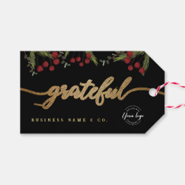 Elegante zwarte botanische 'Dankbaar' kerst aangep Cadeaulabel