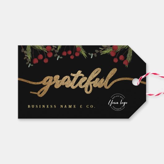 Elegante zwarte botanische 'Dankbaar' kerst aangep Cadeaulabel (Voorkant (Horizontaal))