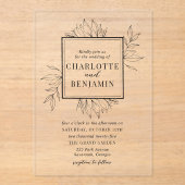 Elegante zwarte botanische Lijst bruiloft Acryl Uitnodigingen (Voorkant)