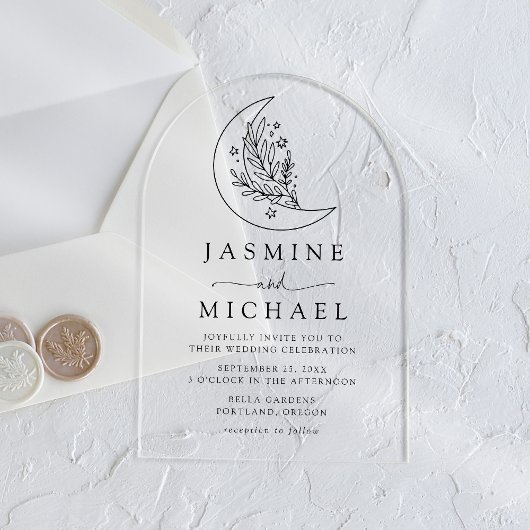 Elegante zwarte botanische maan en sterren bruilof acryl uitnodigingen