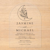 Elegante zwarte botanische maan en sterren bruilof acryl uitnodigingen (Voorkant)