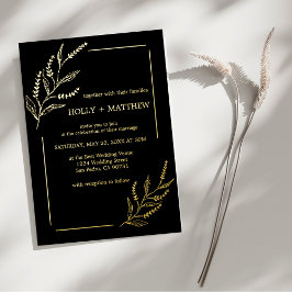 Elegante Zwarte Botanische Trouwkaart Echte Goud Folie Uitnodiging
