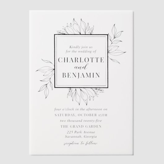 Elegante zwarte botanische vierkante Lijst bruilof Vellum Uitnodigingen (Voorkant)