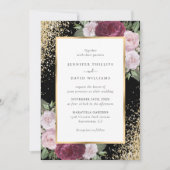 Elegante zwarte Bourgogne Blush Gouden Bloemen Huw Kaart (Voorkant)