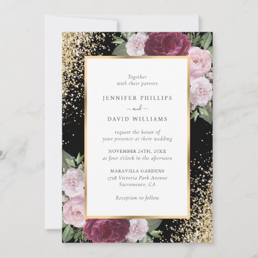 Elegante zwarte Bourgogne Blush Gouden Bloemen Huw Kaart (Voorkant)