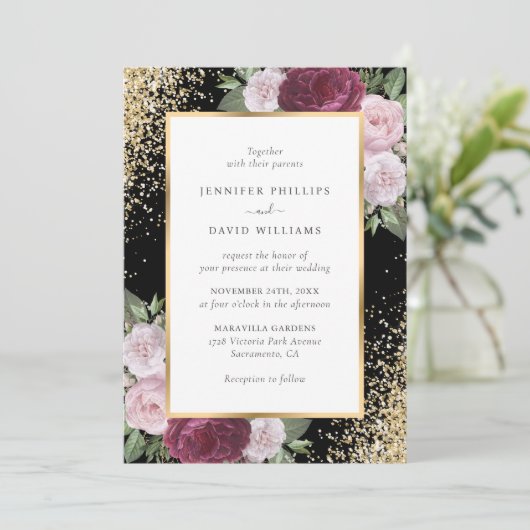 Elegante zwarte Bourgogne Blush Gouden Bloemen Huw Kaart (Staand voorkant)