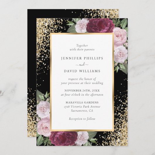 Elegante zwarte Bourgogne Blush Gouden Bloemen Huw Kaart (Voorkant / Achterkant)