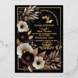 Elegante Zwarte Bourgondië en Gouden Bloemrijke Bo Folie Uitnodiging
