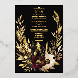 Elegante Zwarte Bourgondië en Gouden Bloemrijke Bo Folie Uitnodiging