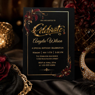 Elegante Zwarte Bourgondië Gouden Verjaardagsvieri Kaart