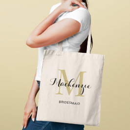 Elegante zwarte bruidsmeisje met gouden monogram tote bag
