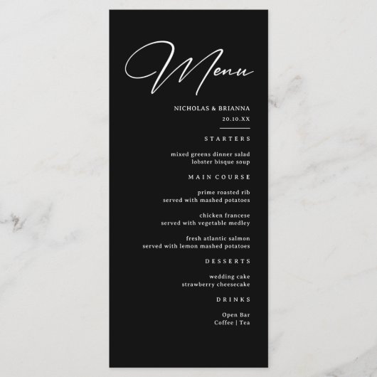Elegante Zwarte Bruiloft Menu (Voorkant)