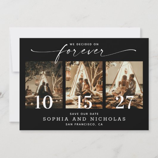 Elegante Zwarte Bruiloft | Moderne Chic Drie Foto Save The Date (Voorkant)