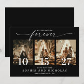 Elegante Zwarte Bruiloft | Moderne Chic Drie Foto Save The Date (Voorkant / Achterkant)