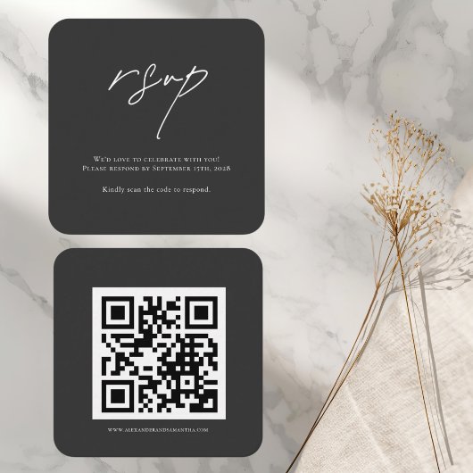 Elegante zwarte bruiloft RSVP Kaart met QR-code