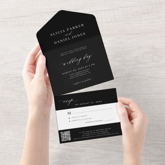 Elegante zwarte bruiloft RSVP QR-code All In One Uitnodiging (Afscheurbaar)