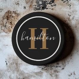 Elegante Zwarte Bruine Ronde Monogram Donker Zandsteen Onderzetter