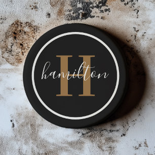 Elegante Zwarte Bruine Ronde Monogram Donker Zandsteen Onderzetter