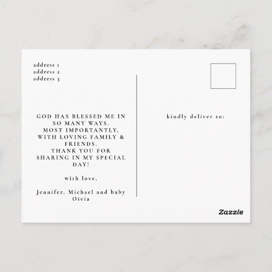 Elegante Zwarte Calligrafie Doop Foto Dankjewel Briefkaart (Achterkant)