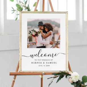 Elegante Zwarte Calligrafie Foto Bruiloft Welkom Poster