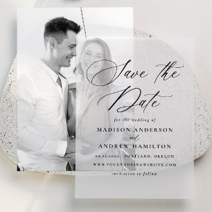 Elegante Zwarte Calligrafie Huwelijk Save the Date Vellum Uitnodigingen