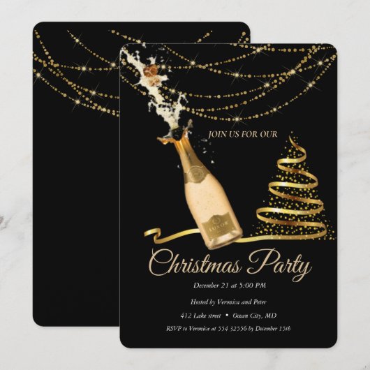 Elegante zwarte champagne kerstboom kaart (Voorkant / Achterkant)