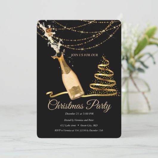 Elegante zwarte champagne kerstboom kaart (Staand voorkant)