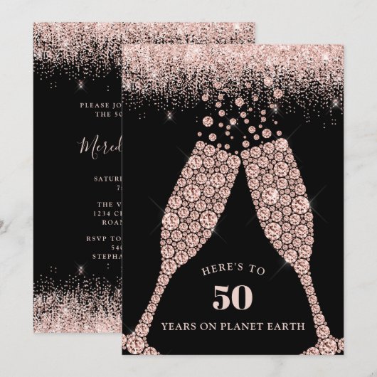 Elegante zwarte champagne toast 50ste verjaardagsf kaart (Voorkant / Achterkant)